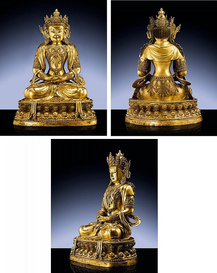 A Magnificent And Highly Important Imperial EARLY MING GILT-BRONZE FIGURE OF AMITAYUS comparable sale