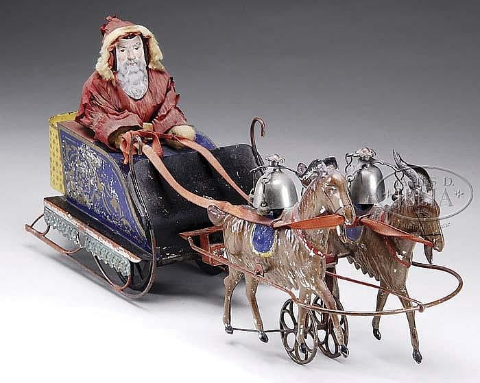 THE RAREST OF MOST IMPORTANT OF ALL EARLY AMERICAN TIN TOYS THE ALTHOF BERGMANN SANTA SLEIGH WITH GOATS. sold by James D. Julia, lot 3011 — auction record photograph
