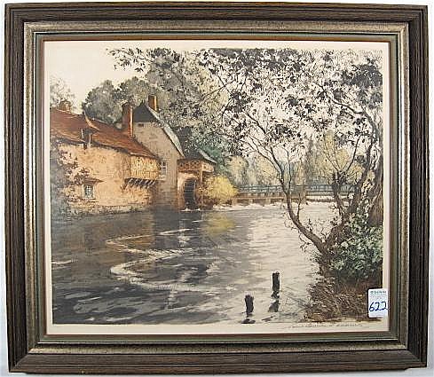 Framed color etching of a country village house beside a flooded road with bare trees and people standing near the water.