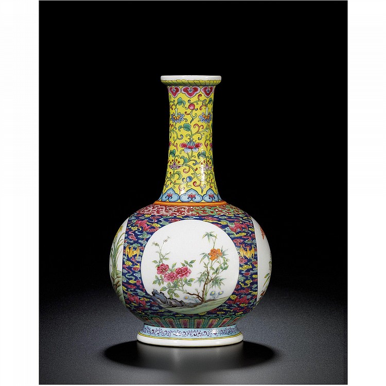 A Fine And Exquisite Famille-Rose Floral MEDALLION BOTTLE VASE ENAMELLED IN THE PALACE WORKSHOPS BLUE ENAMEL MARK AND PERIOD OF QIANLONG comparable sale