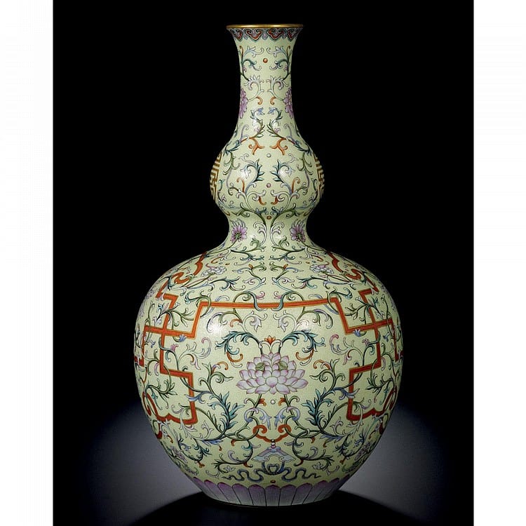 A Magnificent Yellow-Ground Famille-Rose Double-Gourd Vase SEAL MARK AND PERIOD OF QIANLONG comparable sale