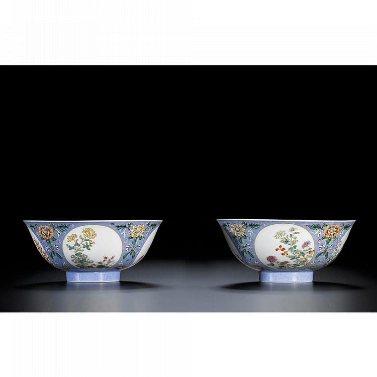 A Pair Of Superb 'FAMILLE-ROSE' BLUE SGRAFFIATO-GROUND MEDALLION BOWLS SEAL MARKS AND PERIOD OF QIANLONG comparable sale