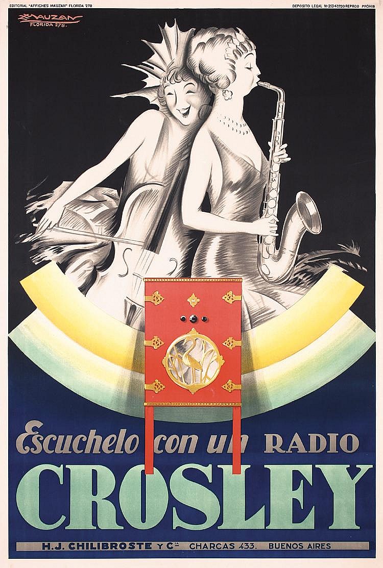 RARE Original 1929 MAUZAN Art Deco Crosley Radio Poster sold by PosterConnection Inc., lot 38 — auction record photograph