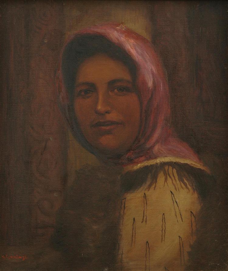 Portrait of a woman with a red headscarf and warm brown background, painted in oil style.
