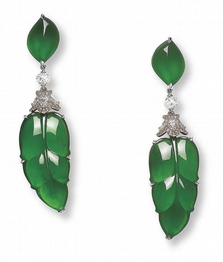 A Pair Of Jadeite And Diamond EAR PENDANTS comparable sale
