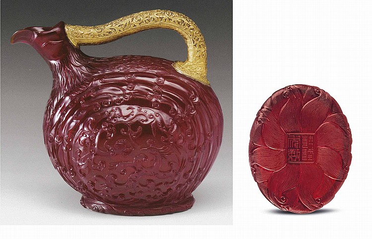 A Very Rare Imperial Moulded And CARVED RUBY-RED GLASS BIRD-FORM EWER comparable sale