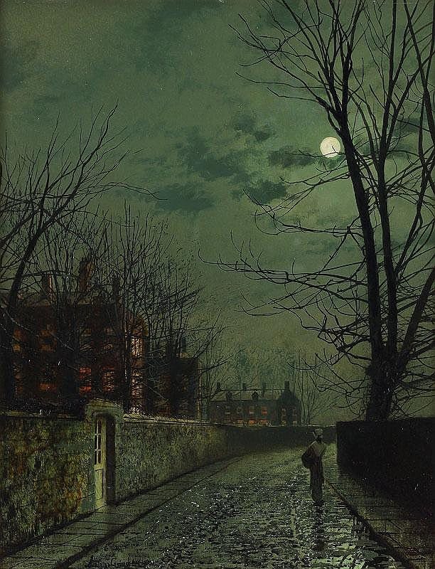 John Atkinson Grimshaw, A Moonlit Street Scene after Rain with a Girl Passing a House from which Lights are Blazing comparable sale