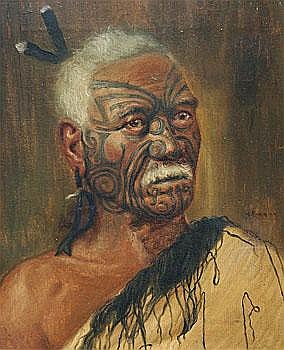 Portrait of a Maori chief with painted facial markings, a white beard, and a dark feathered headdress, shown from the shoulders up.