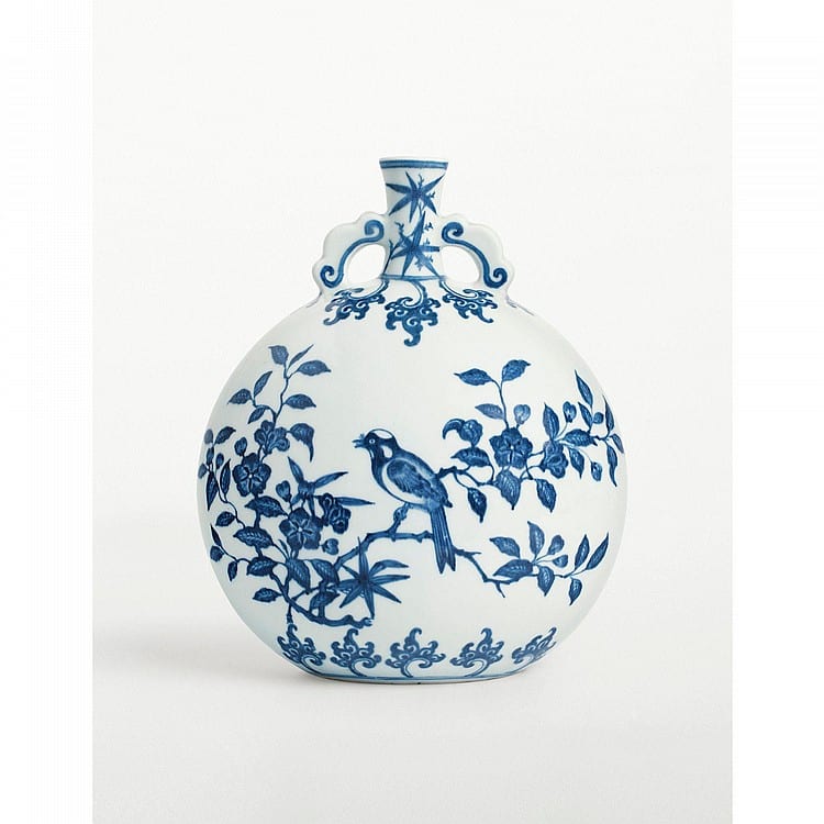A Magnificent Blue And White Moon Flask With Birds On Flowering Branches Qing Dynasty, YONGZHENG PERIOD comparable sale