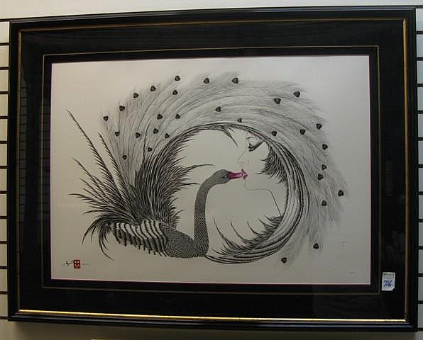 Framed black-and-white and gray mixed-media style print showing a mirrored nude figure with curling hair and a fan of black droplets and feather-like shapes.
