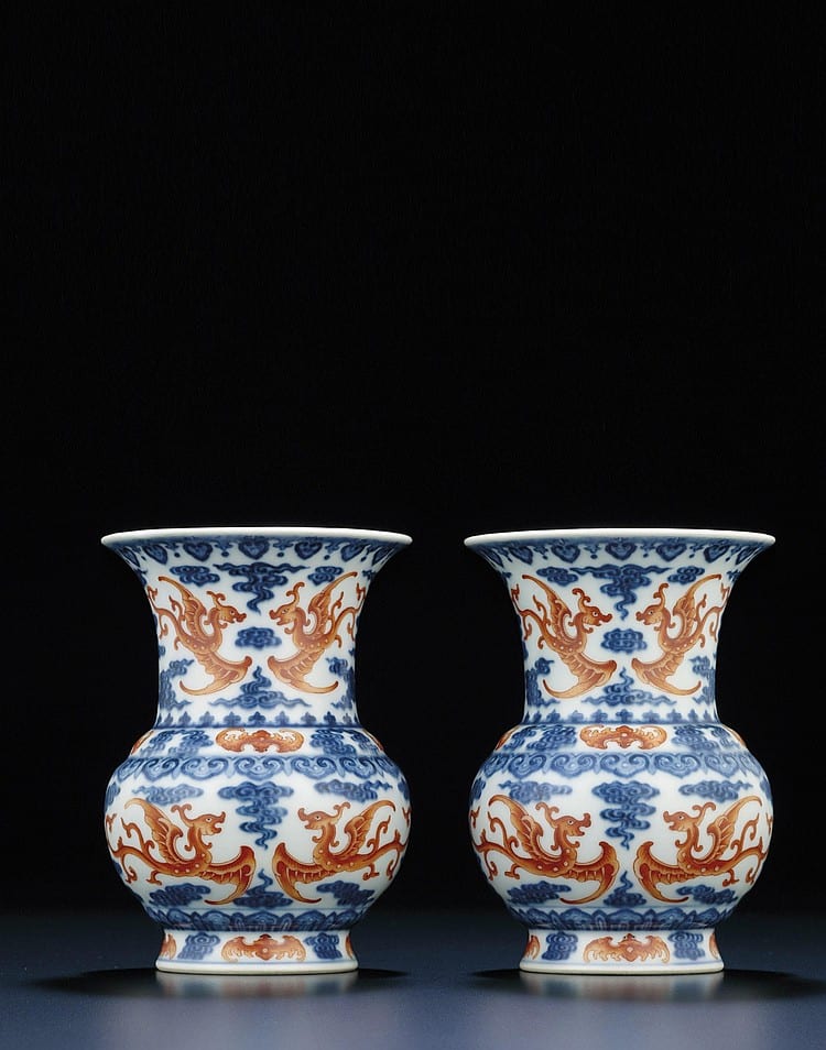 An Exquisite And Extremely Rare Pair OF UNDERGLAZE BLUE AND IRON-RED DECORATED VASES comparable sale