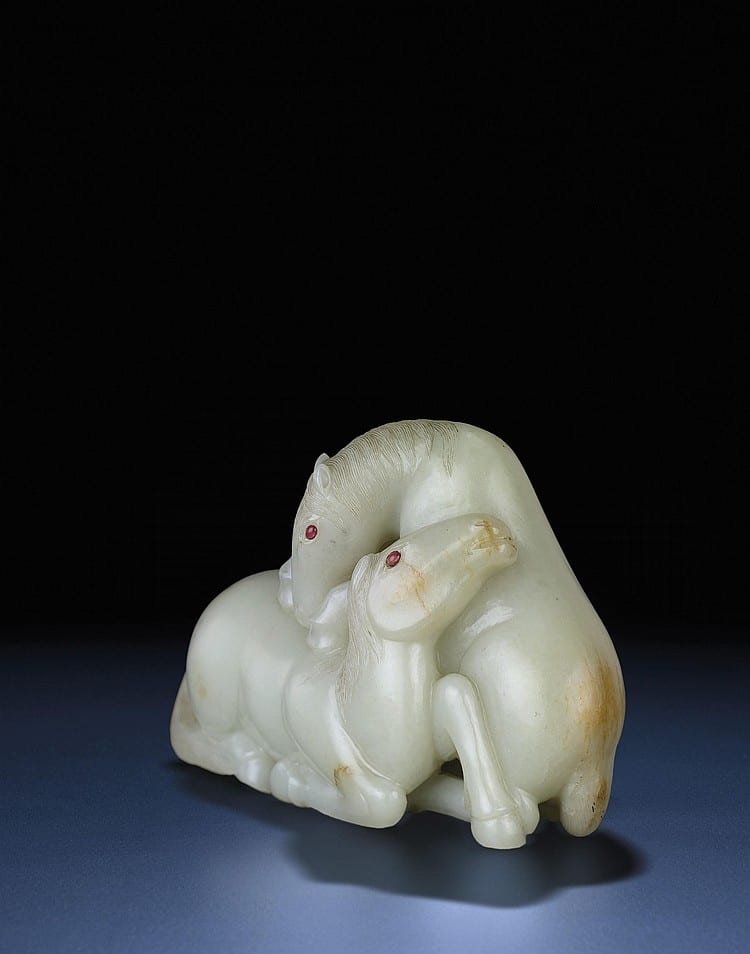 An Exquisite And Very Rare White JADE HORSE GROUP comparable sale
