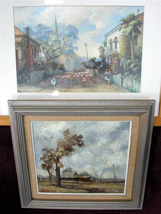 Australian Painting by B.Butcher 1970 together with Darcy Doyle "Hopscotch" print (2) sold by Theodore Bruce Auctioneers & Valuers, lot 115 — auction record photograph