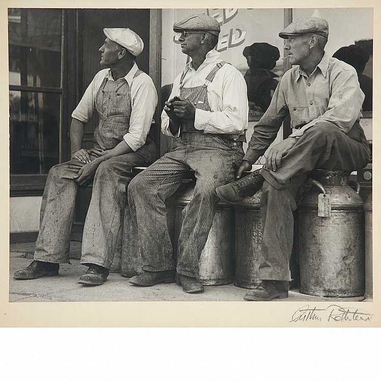 ROTHSTEIN, ARTHUR [Three men seated on milk cans], sold by DOYLE Auctioneers & Appraisers, lot 103 — auction record photograph