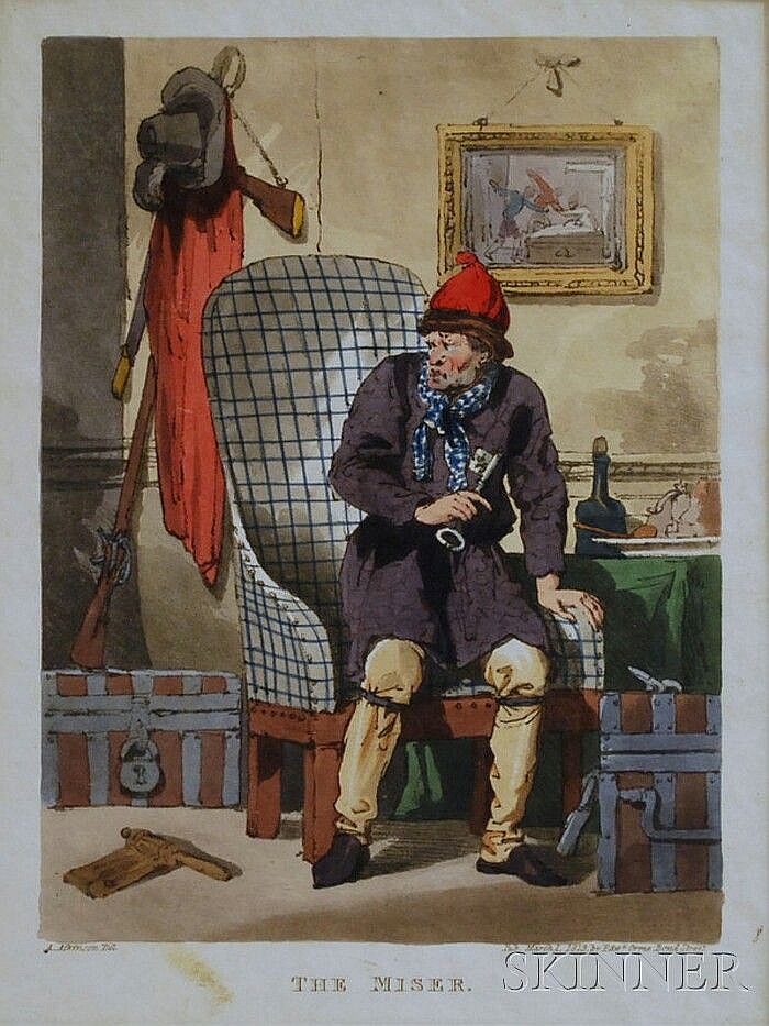 Two Unframed Hand-colored Engravings: Henry William Bunbury (British, 1750-1811), The Rivals, titled and signed in the plate "...G S... sold by Skinner, lot 807 — auction record photograph