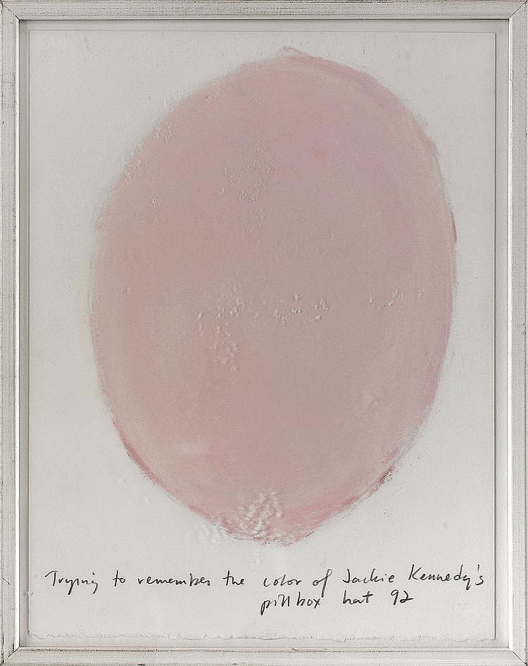 Framed artwork showing a large pink oval with faint text-like marks and a handwritten inscription at the bottom edge.