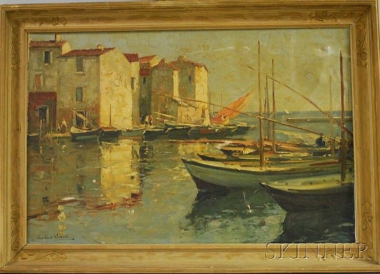 Paul Emile Lecomte (French/American, 1877-1950) Pier with Moored Boats and Buildings. Signed "Paul Emile Lecomte" l.l. Oil on canvas... sold by Skinner, lot 430 — auction record photograph