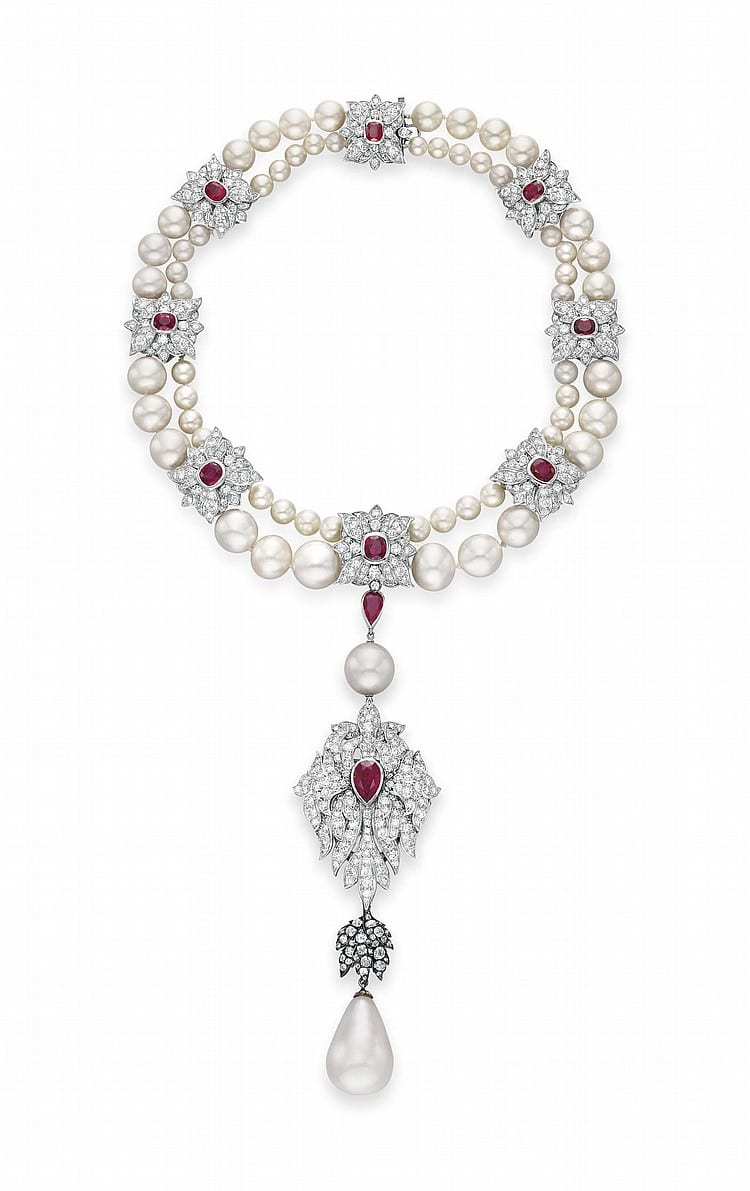 LA PEREGRINA A NATURAL PEARL, DIAMOND, RUBY AND CULTURED PEARL NECKLACE, BY Cartier comparable sale