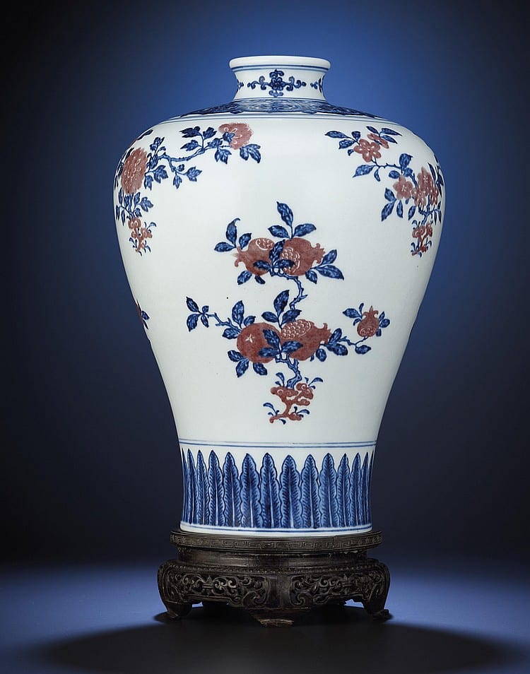 A Fine And Exceedingly Rare Underglaze BLUE AND COPPER-RED MEIPING comparable sale