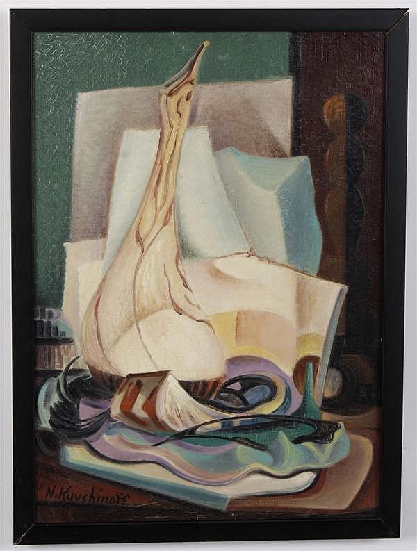 Nicolai Kuvshinoff comparable auction result: nicolai kuvshinoff 1899 1997 wa oil on canvas signed oil painting titled on reverse white flacon reverse also notes paris