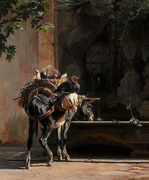 a mackeprang italian donkey stacked with hens and turkey at a fountain · Bruun Rasmussen Auctioneers · 2012-02-28 Adolf Henrik Mackeprang comparable auction result: a mackeprang italian donkey stacked with hens and turkey at a fountain