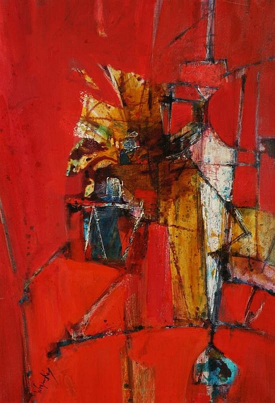 Robert Wogensky comparable auction result: robert wogensky french b 1919 objets sur un fond rouge signed lower left and signed dated 1968 and titled on verso oil on canva