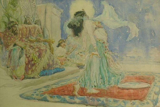 Watercolor scene of a woman kneeling on a patterned rug before an ornate chair.