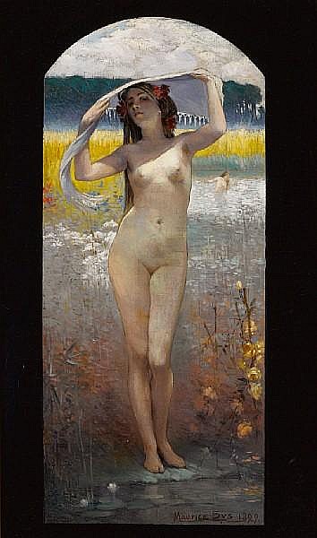 Painted nude woman standing in shallow water by a shoreline, holding a cloth over her head, with fields in the background.