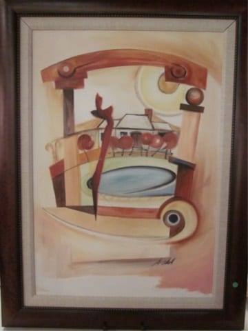 HUGE ORIGINAL ACRYLIC PAINTING ON CANVAS BY ALFRED GOCKEL, "HOME" SIGNED A GOCKEL IN PIGMENT LOWER RIGHT AND TITLED ON THE VERSO, 39.5"H X 27.5"W, WITH APPRAISAL, APPRAISED VALUE 2007 $12,250.00 US sold by Wilton Theatre Auction Gallery, lot 53 — auction record photograph