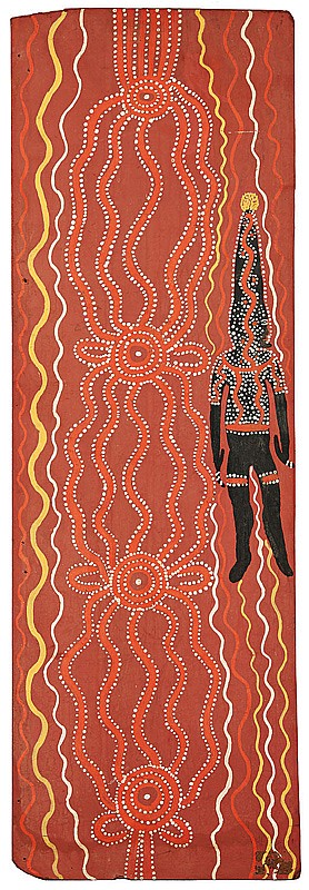 Long Jack Phillipus Tjakamarra born circa 1932 WATER CEREMONY STORY (VERSION 1) (1971) synthetic polymer paint on composition board sold by Smith & Singer, lot 35 — auction record photograph