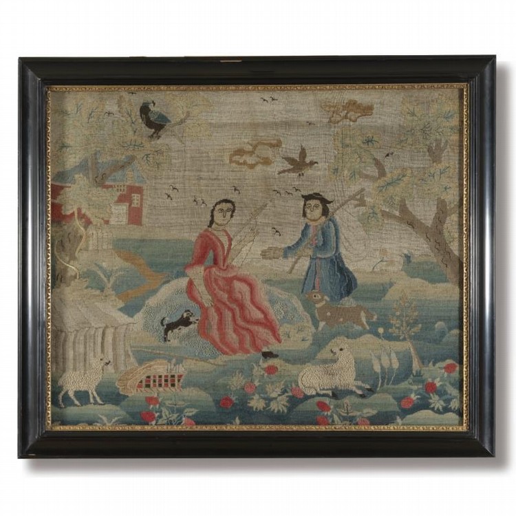 A FINE AND RARE CREWEL-EMBROIDERED FISHING LADY CANVASWORK PICTURE, BOSTON, MASSACHUSETTS, CIRCA 1745-1755 sold by Sotheby's, lot 114 — auction record photograph