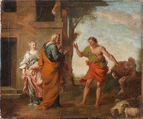 Nicolas Vleughels comparable auction result: nicolas vleughels paris 1668 rome 1737 jacob se retire chez son oncle laban papier maroufl sur toile 31 x 38 cm sans ca