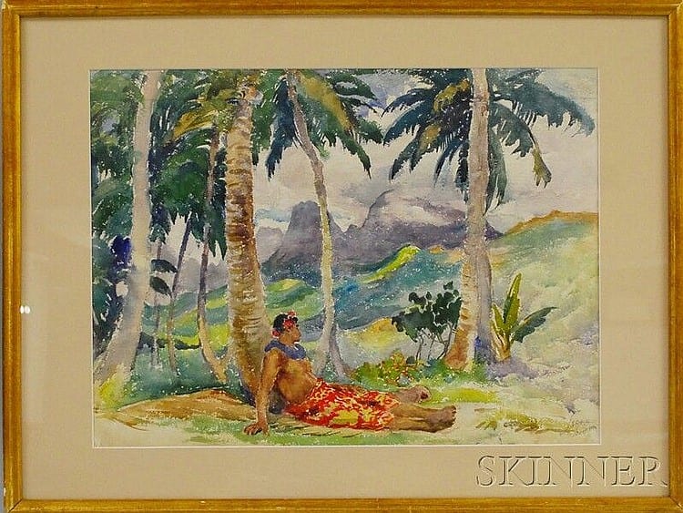 Charles Nicolas Sarka (American, 1879-1960) Valley in Moorea. Signed "Sarka/Moorea" l.r. Watercolor on paper, sight size 16 x 21 1/4... sold by Skinner, lot 467 — auction record photograph