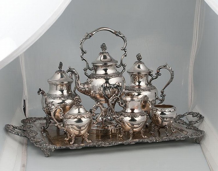 Six piece English silver plated tea and coffee service with tea pot, coffee pot, kettle on stand, cream and sugar, waste bowl and tray-29" long, 19" wide, Vintage pattern by the Birmingham Silver Co. sold by Northgate Gallery Auctions, lot 42 — auction record photograph