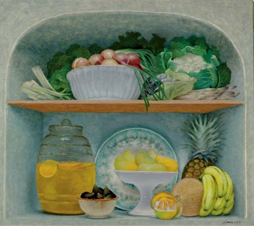 Lauro Lopez comparable auction result: sill life with fruits and vegetables in bowls