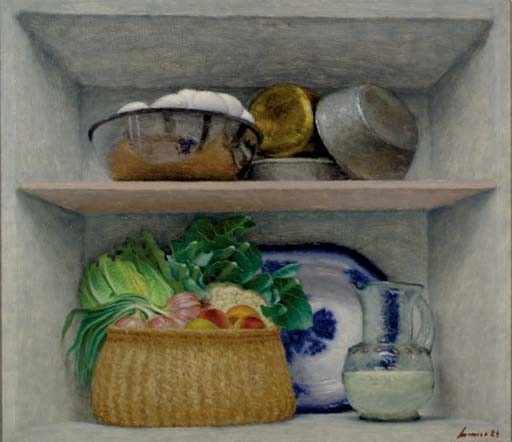 Lauro Lopez comparable auction result: still life of fruit in a basket and eggs in a bowl