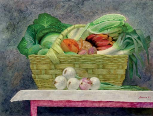 Lauro Lopez comparable auction result: still life of fruit and vegetables in a basket