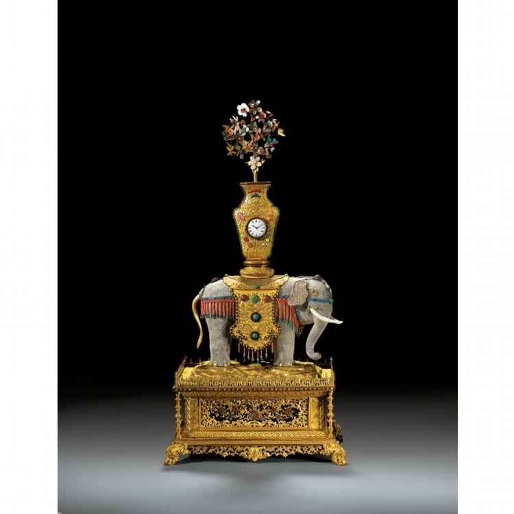 A Magnificent Imperial Jewelled Gilt-Bronze Elephant Clock Qing Dynasty, QIANLONG PERIOD comparable sale