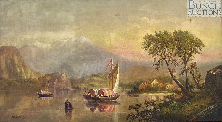 Samuel P Dyke comparable auction result: samuel p dyke american pa 1835 1870 o c expansive european mountain lake landscape with village and boats dated 1864 28 h 5