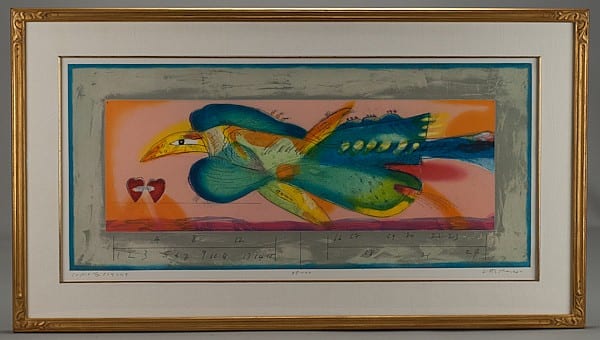 Norman Laliberte, 1925-, "Cupid and Psyche", print, numbered 88/100, Sight image 17" H x 36" W, framed. sold by Quinn's Auction Galleries Central Virginia, lot 152 — auction record photograph