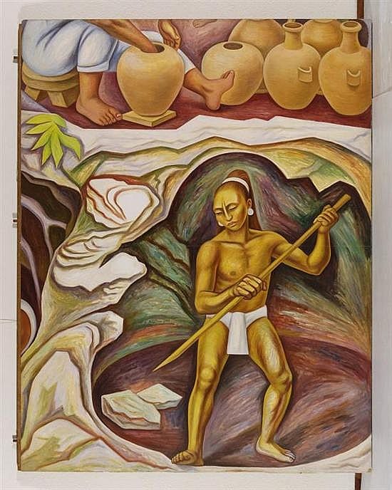 Raúl Anguiano, Alegoría de México: los Productos Naturales, Firmado 1955. Óleo/ fibracel, 482 x 380 cm, Vo.Bo. Marina y Pablo Anguiano. comparable sale
