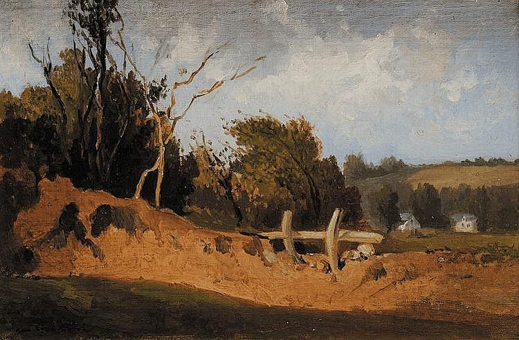 Léon Gaucherel comparable auction result: l on gaucherel 1816 1886 paysage la barri re sur sa toile d origine sign e en bas gauche 21 6 x 32 6 cm