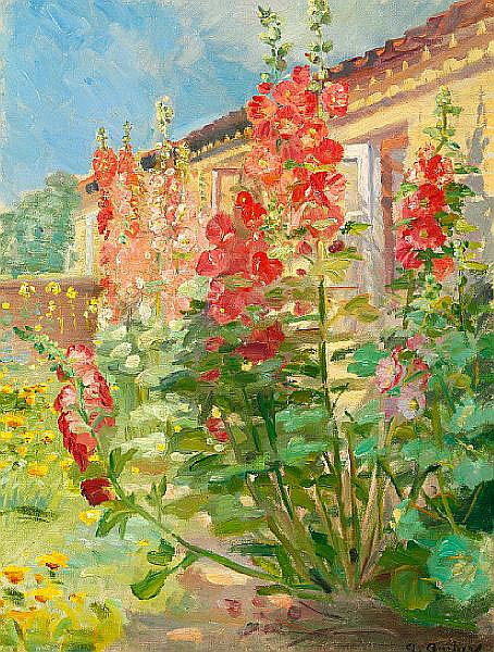 anna ancher red hollyhocks in the garden of the ancher family s house on markvej in skagen · Bruun Rasmussen Auctioneers · 2012-11-27 Anna Ancher comparable auction result: anna ancher red hollyhocks in the garden of the ancher family s house on markvej in skagen