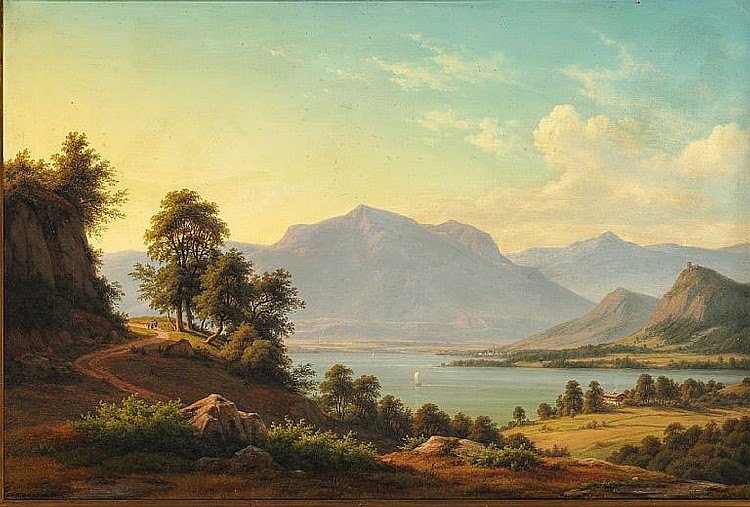 Frederik Christian (1826) Lund comparable auction result: f c ki rschou alpine landscape with a river and tall mountains