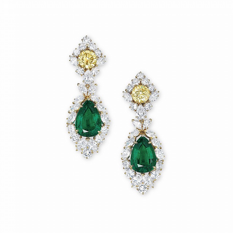 AN IMPORTANT PAIR OF EMERALD, COLOURED DIAMOND AND DIAMOND EAR PENDANTS, BY Van Cleef & Arpels comparable sale