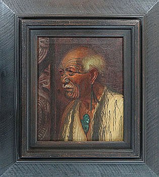 Framed portrait artwork showing an elderly man in a textured, patterned hat and light-colored clothing against a dark background.