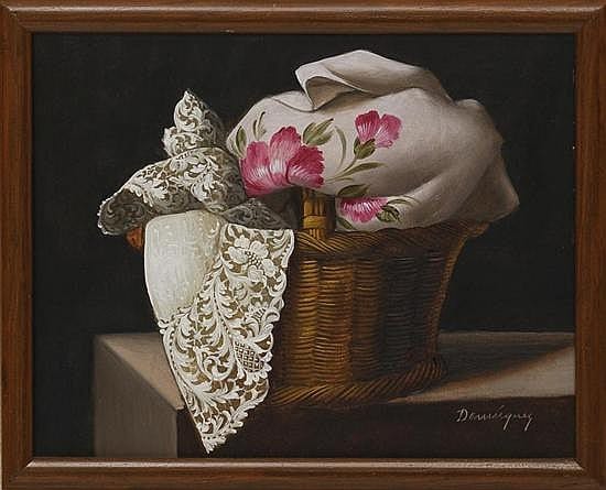 Benjamín Domínguez B. comparable auction result: benjam n dom nguez canasta con encajes firmado leo sobre madera 19 5 x 24 5 cm con certificado de autenticidad