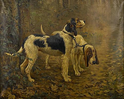Painting of two dogs standing in a woodland with dappled light, one tan-and-black dog in front and another partially visible behind.