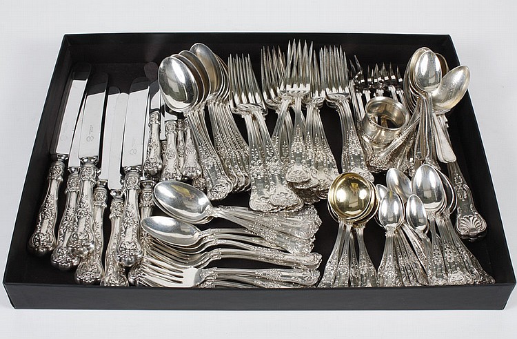 Auction comp thumbnail for STERLING SILVER FLATWARE - 101 pieces of sterling silver flatware in the George III Pattern (1891) having a combined weight of appro... (Pacific Galleries, Lot 154)