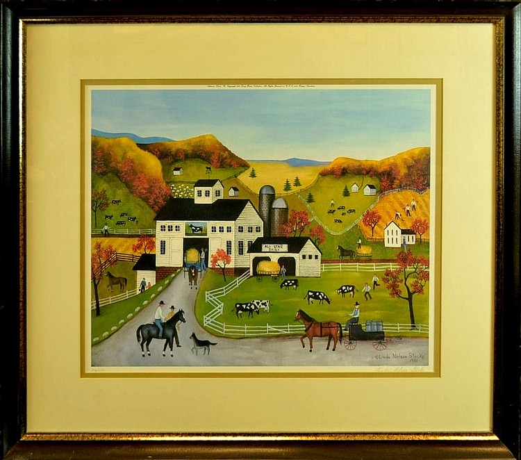 Framed landscape art print showing a countryside farm with barns, horses, cattle, and autumn-colored hills under a blue sky.